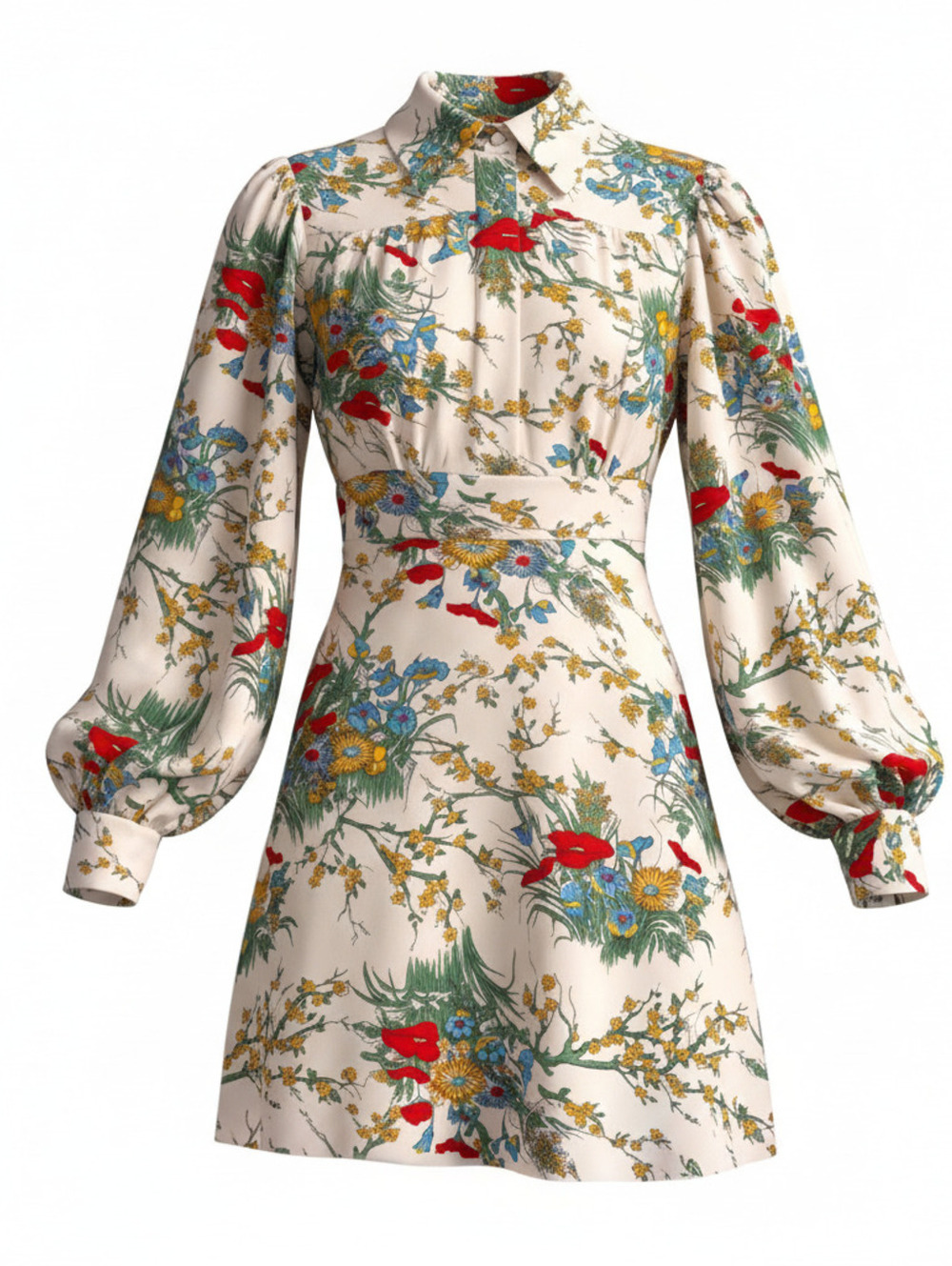 1970s Shabby Chic Floral Puff Sleeve Dress with Waist Tie, Vintage Garden Party